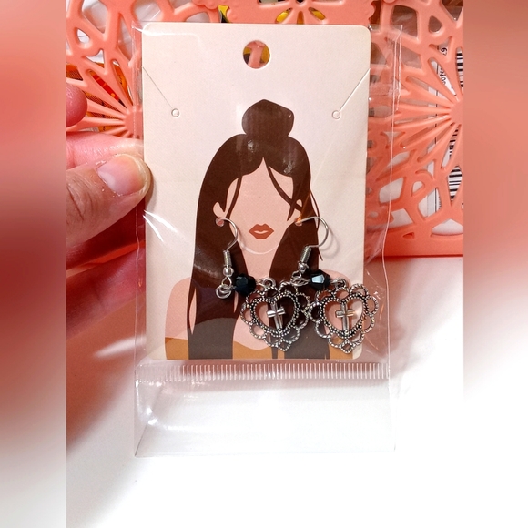 Black Crystal Heart- Cross Pendant Dangle Earrings - Picture 4 of 4